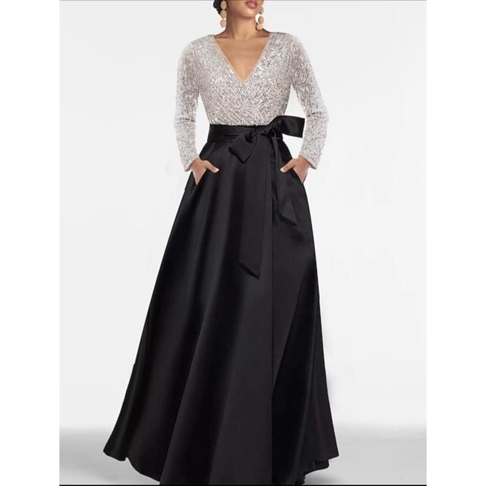 XSCAPE Sequin-Top Solid-Skirt V-Neck Ball Gown Black Silver Plus Size 14W $299